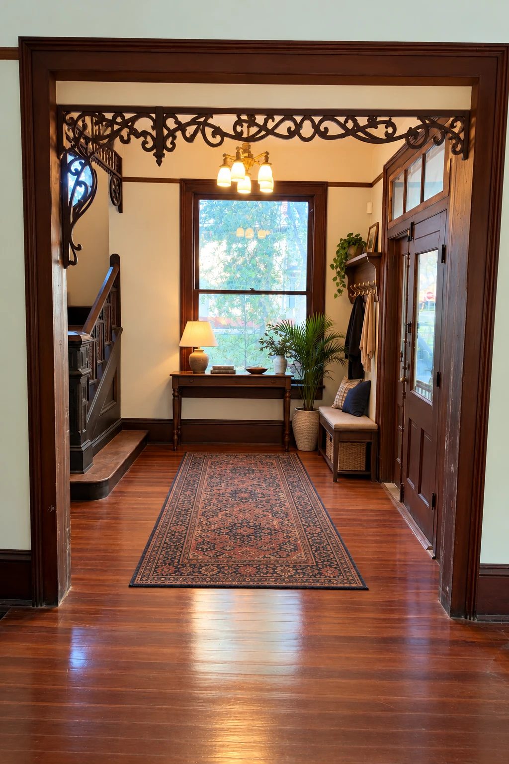 Concept: the same entry hall finished, with the drywall above the fretwork patched, a patterned runner, a wood console and lamp under the window, a palm, and a bench with brass coat hooks by the front doors.