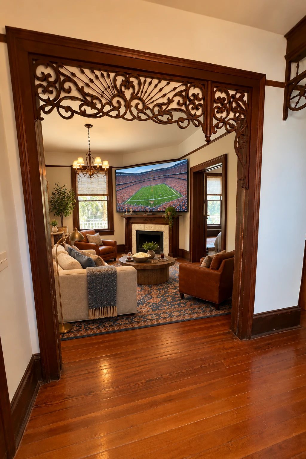 Concept rendering of the living room set up for game day, with a 98-inch TV over the fireplace showing a football game, a cream sofa and two cognac leather armchairs around a round coffee table with popcorn and drinks.
