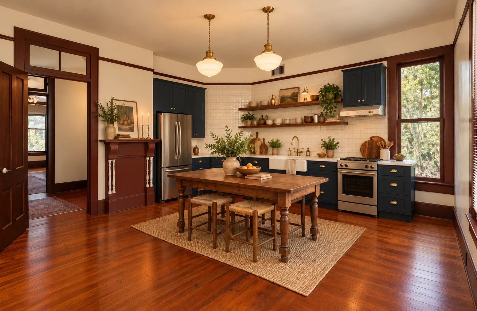 Concept rendering of the new kitchen: navy shaker cabinets with brass pulls, white counters and subway tile, open wood shelves, a farmhouse sink, a stainless range and fridge, two schoolhouse pendants, a farm table with rush stools, and the dark red painted mantel with white spindles.