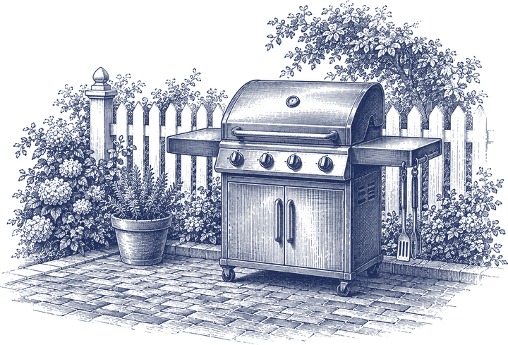 An engraving of a gas grill on a brick patio beside a picket fence.