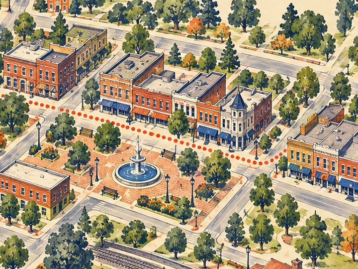 An illustrated map of downtown Gainesville: brick storefronts around a square with a fountain.