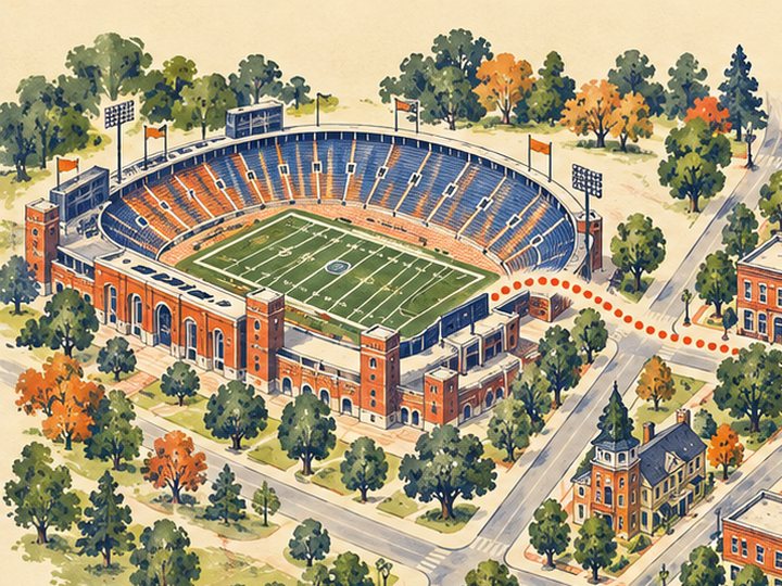 An illustrated map of the football stadium, with a dotted path leading to it through the trees.